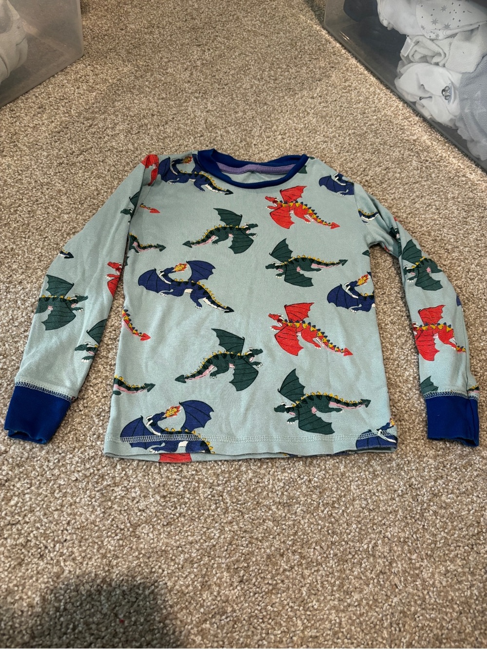 Boden Kids Dragon Print Long Sleeve Top in Pale Green with Red & Blue Dragons
